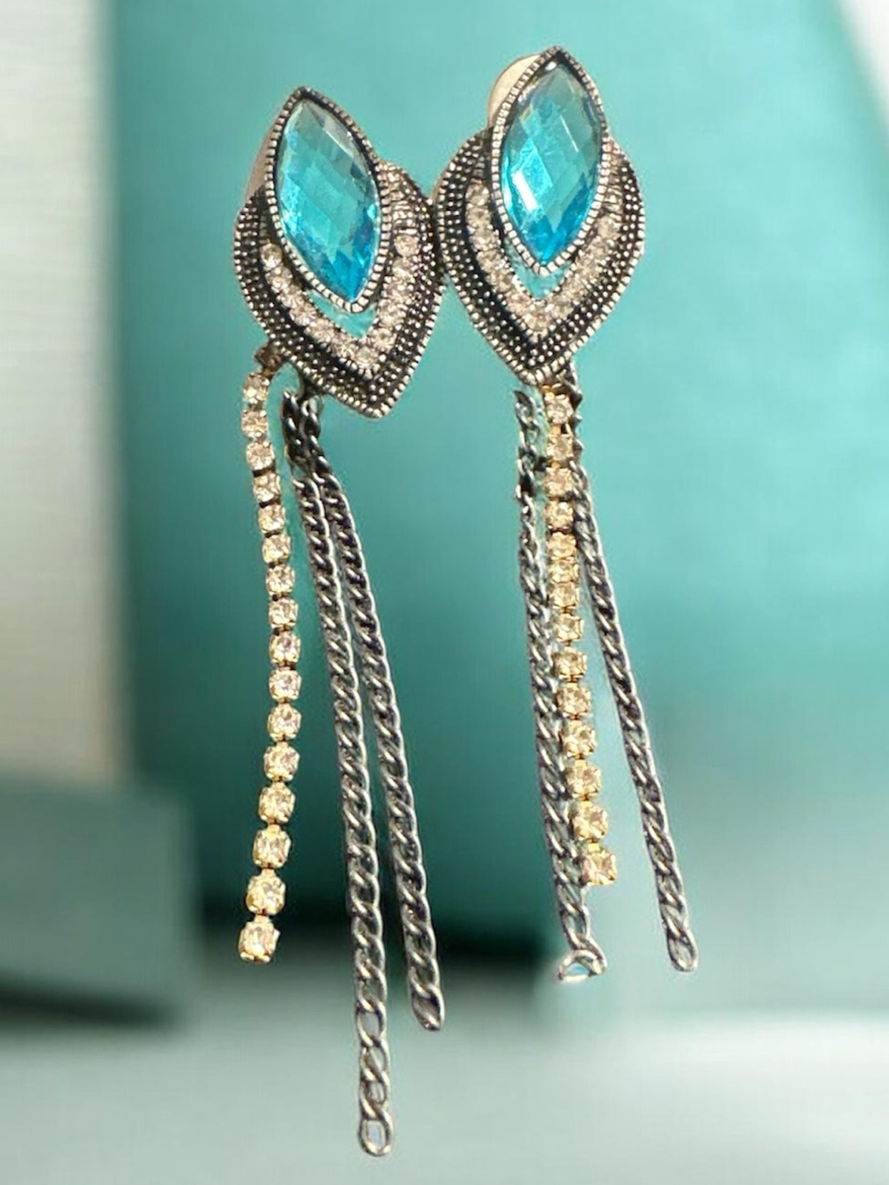 Blue Crystal Marquise Drop Earrings - Dangle Chain Fringe
317